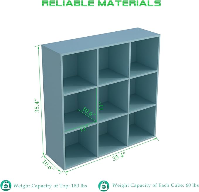 9-Cube Storage Shelf Bookcase - Wooden 3-Tier Floor Standing Open Bookshelf for Home and Office, Display Cabinet, Light Blue-CasaMuseHome