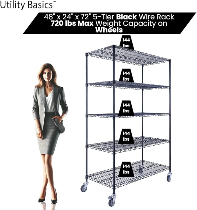 48"x24"x72" Black 5-Tier Premium Wire Shelving NSF 4000 LBS MAX Capacity Heavy Duty Steel Storage Rack for Warehouses, Garages, Hospitals, Commercial Spaces, & Schools w/Premium Wheels-CasaMuseHome