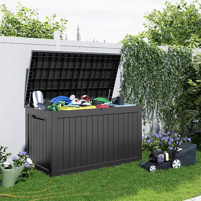 230 Gallon Deck Box Large Outdoor Storage for Patio Furniture,Outdoor Cushions,Garden Tools and Pool Supplies,Waterproof,Resin,Lockable(Black)-CasaMuseHome