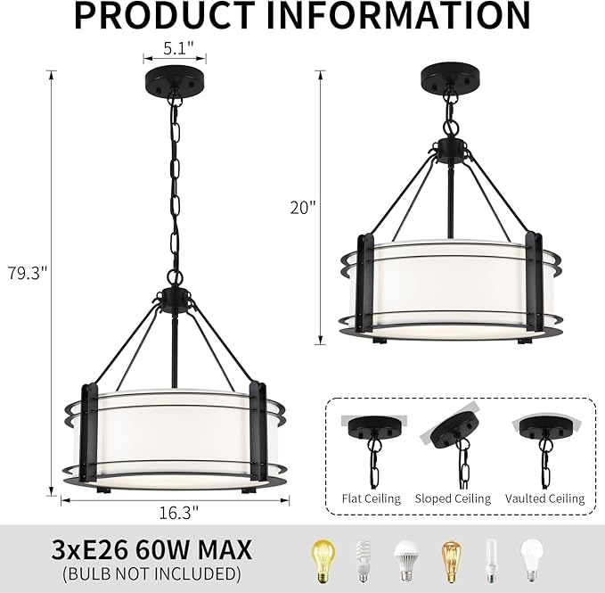 16.3''Black Drum Chandelier 3-Light Modern Farmhouse Chandelier with White Fabric Shade Adjustable Drum Pendant Light Fixture for Dining Room Kitchen Island Hallway Living Bedroom-CasaMuseHome