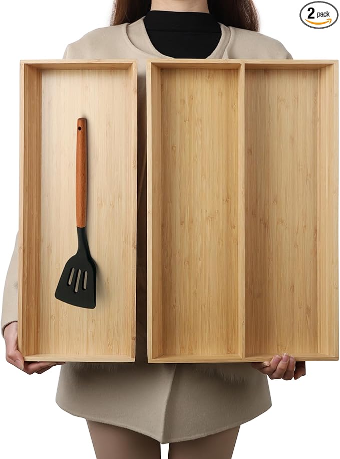 2-Piece V-Shaped Bamboo Drawer Organizer - Ideal for Kitchen's Large Long Tableware, Cooking Utensils, Flatware, Silverware - Wood Storage Box for Home, Bedroom, Bathroom (19.6"x12.4" & 19.6"x7.8")-CasaMuseHome