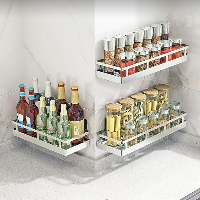 19.69Inch Spice Rack Organizer, SUS304 Stainless Steel Wall Mount Spice Rack Storage Basket, Kitchen Racks, Nail-Free Installation-CasaMuseHome