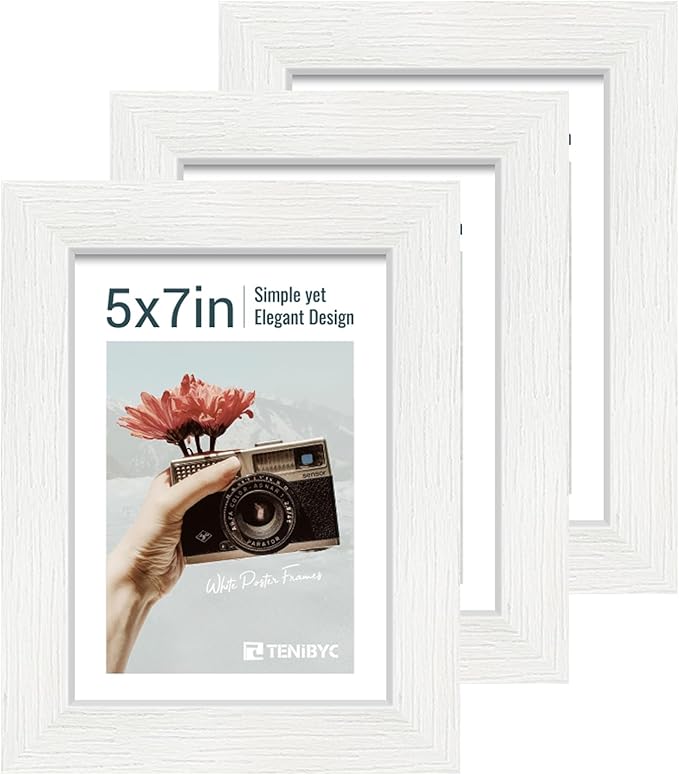 5x7 Picture Frame 3 Pack - White Woodgrain, Solid Wood & HD Tempered Glass, Table Display or Wall Hanging-CasaMuseHome