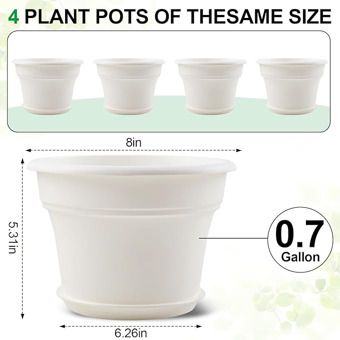 8 Inch Plastic-Flower Pot-for-Indoor Plants, 4 Pack Large Outdoor Planter Pot with Drainage Holes & Saucers, Resin Decorative Garden Pots Planters-CasaMuseHome