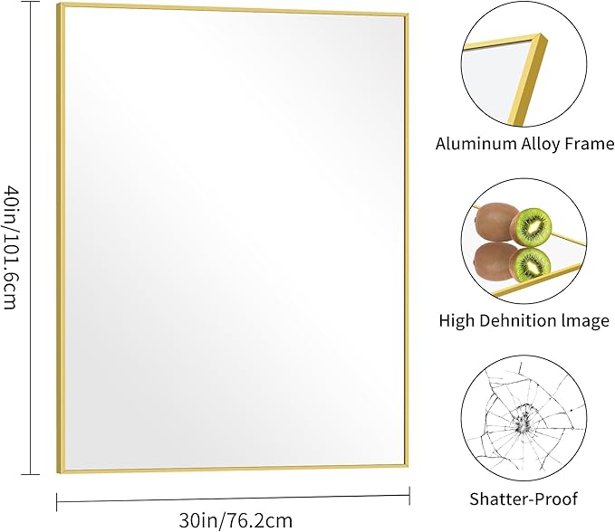 30x40In Gold Bathroom Mirror for Wall, Brushed Gold Rectangle Mirrors with Metal Frame, Bathroom Rectangular Mirror Modern Wall Mirror for Bedroom Living Room, Hangs Horizontal or Vertical-CasaMuseHome