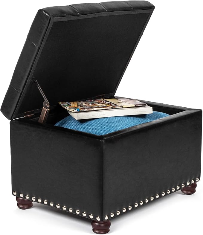 24'' Leather Storage Ottoman Rectangular Foot Rest Stool with Nailhead Trim Toy Chests & Storage Room Organizer for Bedroom Living Room(Black)-CasaMuseHome