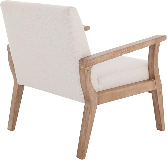 Accent Chair Mid Century Modern Armchair, Linen Upholstered Living Room Accent Armchair with Wood Frame, Farmhouse Chair Indoor Corner Chair for Living Room Bedroom, Ivory-CasaMuseHome