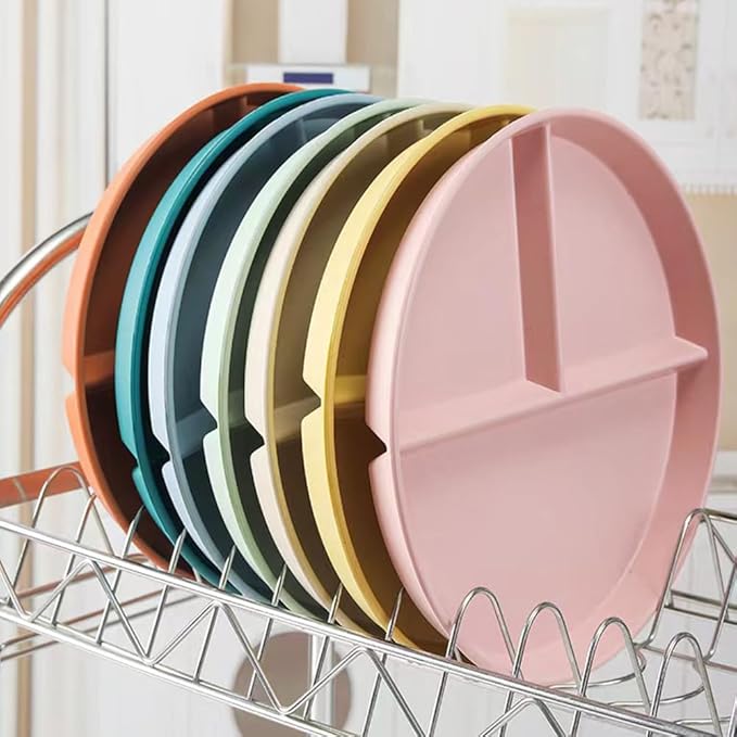 9" Unbreakable Divided Plates Set of 5, Wheat Straw Plate Reusable Dinnerware Portion Control Plates, Round Bariatric Plastic Plate for Kids Adults, BPA-free, Dishwasher Safe-CasaMuseHome