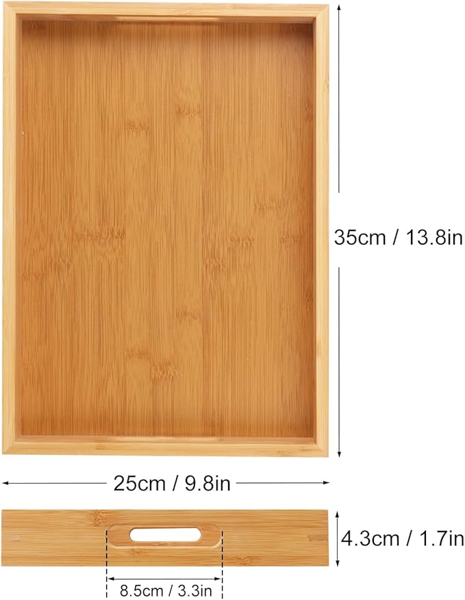 3 Pack Large Bamboo Serving Tray with Handles, 14 x 10 inch Wooden Dinner Tray, Home Kitchen Breakfast Trays for Living Room Bedroom Kitchen Dinner Table, Picnic-CasaMuseHome