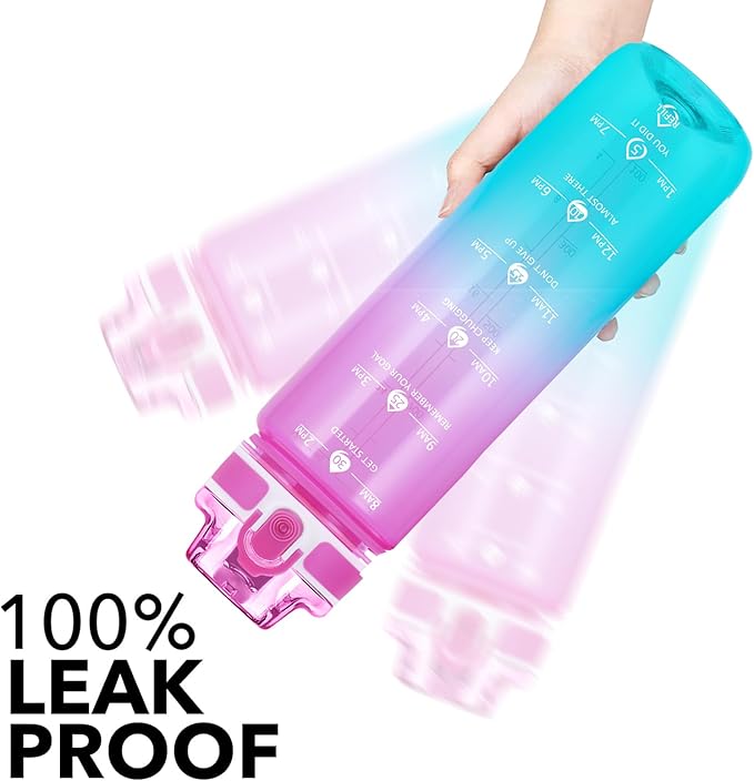 32oz Motivational Water Bottles with Time Marker & Fruit Strainer, Transparent Gradient Color Water Bottle with Times to Drink, Leakproof & BPA Free, Reusable Bottle with Strap (No Straw)-CasaMuseHome