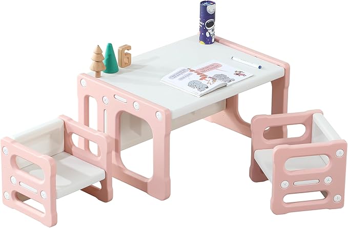 3 in 1 Montessori Weaning Table and 2 Chairs Set, Kids Desk and Chair Set, 2 Height Levels, Toddlers Activity Table for Drawing, Dining, Reading and Playing, Pink-CasaMuseHome