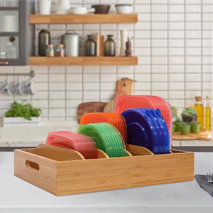 2 Pack Bamboo Lid Holder Food Container, Kitchen Organizer with 5 Adjustable Dividers, Cabinet Organizer for Food, Kitchen Gadget, Container Lids-CasaMuseHome