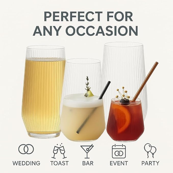 24 Pack Ribbed Origami Ripple Plastic Glasses, 12-9 Ounce Stemless Champagne Flutes & 12-12 Ounce Cups, BPA-Free Disposable Shatterproof Toasting Glasses for Weddings, Bars, and Events (Clear)-CasaMuseHome