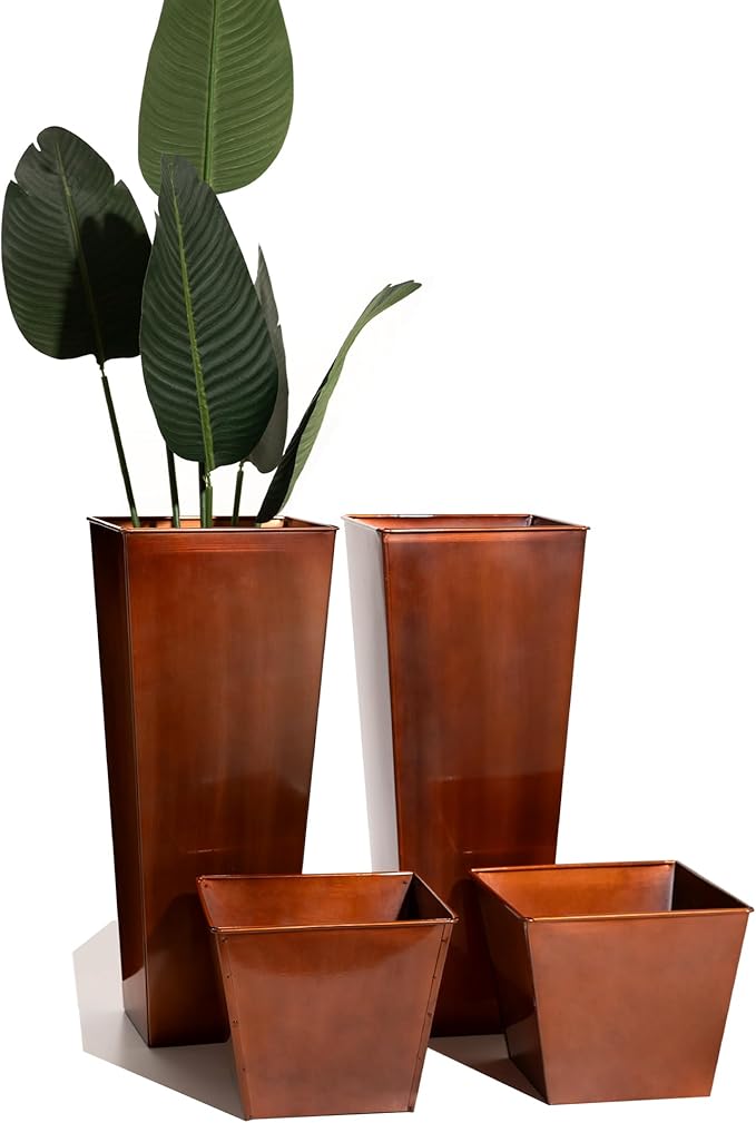 28in Tall Metal Copper Square Planter Galvanized Steel Metal Planters for Indoor/Patio Deck Garden Entrance Planter-CasaMuseHome
