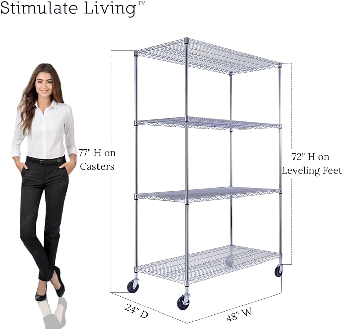 48"x24"x72" Prime Heavy Duty Chrome 4-Tier Wire Shelving NSF 3200 LBS MAX Capacity Storage Rack for Commercial, Hospital, School, Garage, and Kitchen Uses (with Wheels)-CasaMuseHome