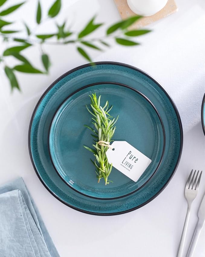 32 Piece Dinnerware Sets for 8 - Modern Style Stoneware Dinnerware Set - Scratch Resistant, Dishwasher Safe Plates and Bowls Sets Ceramic, Dish Set, Bowl and Plate Set - Black and Petrol Blue…-CasaMuseHome