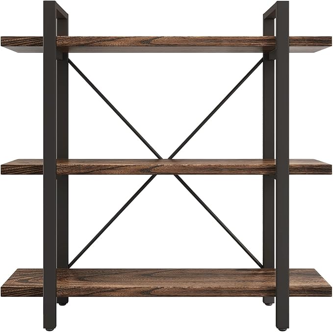 3 Tier Bookshelf Modern Rustic Open Bookshelf Office Solid Wood Bookcase and Book Shelves Wood and Metal Shelving Unit,Distressed Brown (AY-02-3Tier)-CasaMuseHome