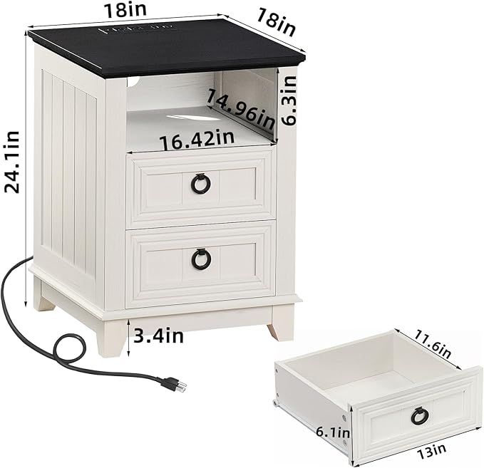 18" Farmhouse Night Stand with Charging Station, 2 Drawers End Table Dresser for Bedroom, White Wooden Nightstand, Bed Side Table with Open Shelf, Bedside Cabinet for Living Room, Closet-CasaMuseHome