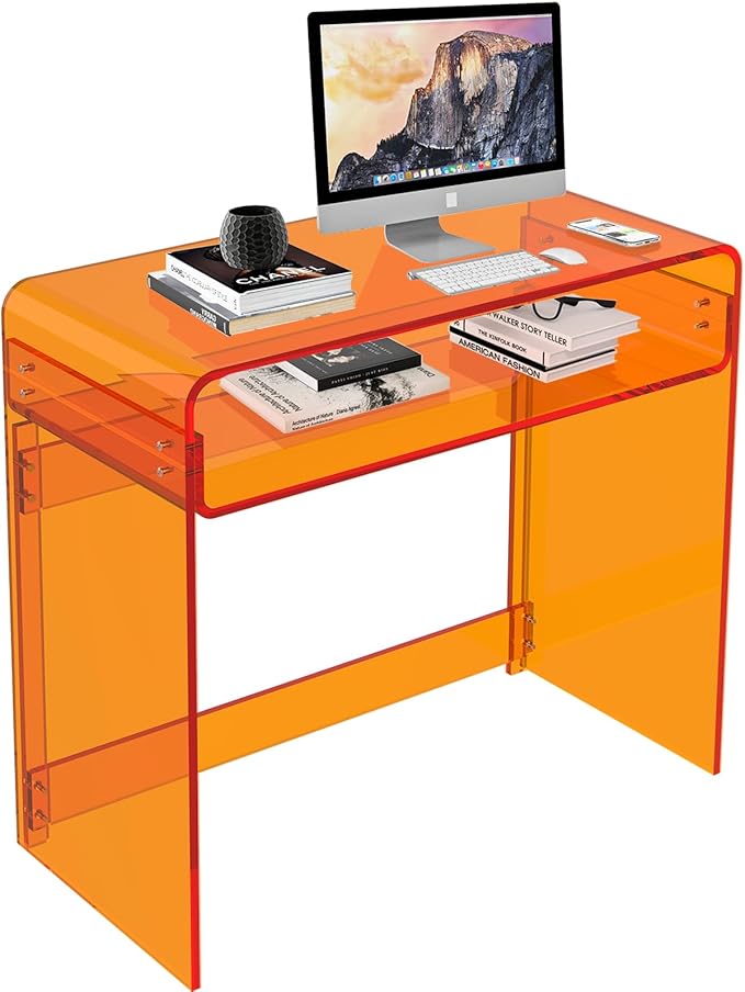 Acrylic Desk, Orange Table, Acrylic Console Table for Office, Study, Bedroom, Entrance Decor (15.5" D x 33.5" W x 29.3" H, Orange)-CasaMuseHome