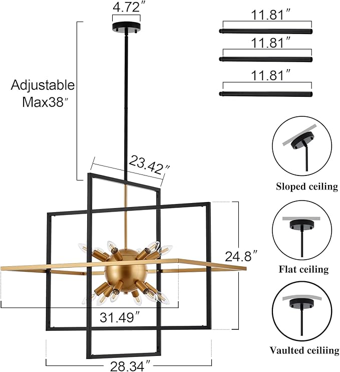 31.5'' Large Modern Lantern Chandeliers, 12-Light Black Gold Geometric Pendant Light Fixture, Industrial Hanging Chandelier for Entryway Foyer Hallway Dining Room, Kitchen Island-CasaMuseHome
