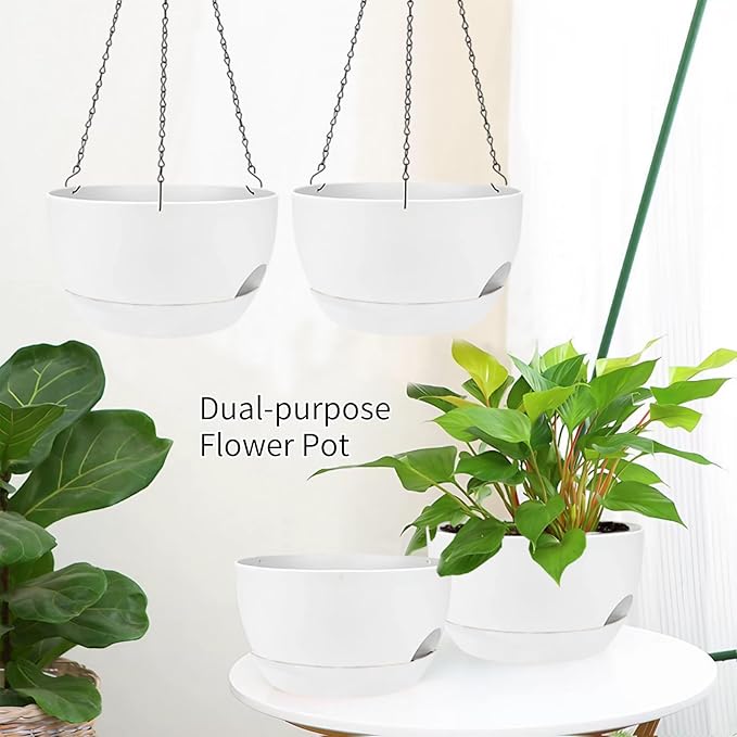 2 Pack Hanging Planters for Indoor Outdoor Plants, 8 Inch Self Watering Hanging Pot with Drainage Holes and Saucer, Plastic Plant Pots, White Flower Pots for Kitchen, Balcony, Garden-CasaMuseHome