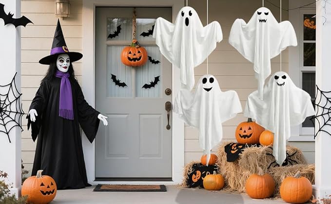 4 Pack Halloween Hanging Ghosts with LED Lights, 27.5 Inch Light Up Ghost Decorations for Indoor Outdoor, Lawn Yard Tree Hanging Halloween Ornaments, Spooky Lighted Party Supplies-CasaMuseHome