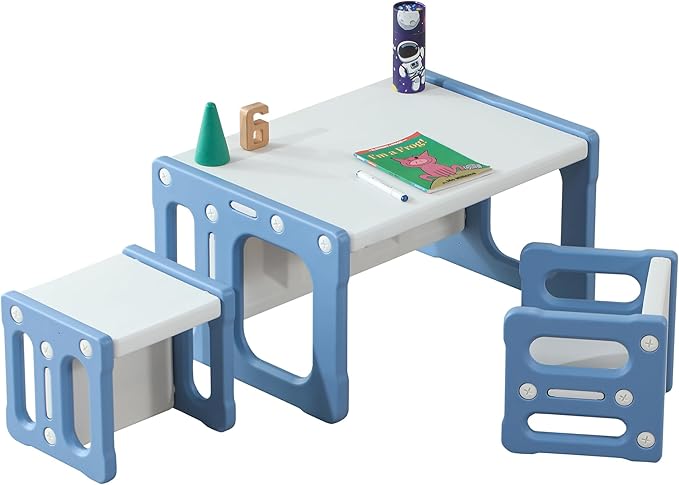 3 in 1 Montessori Weaning Table and 2 Chairs Set, Kids Activity Table Set, 2 Height Levels, Toddlers Activity Table for Drawing, Dining, Reading and Playing, Blue-CasaMuseHome