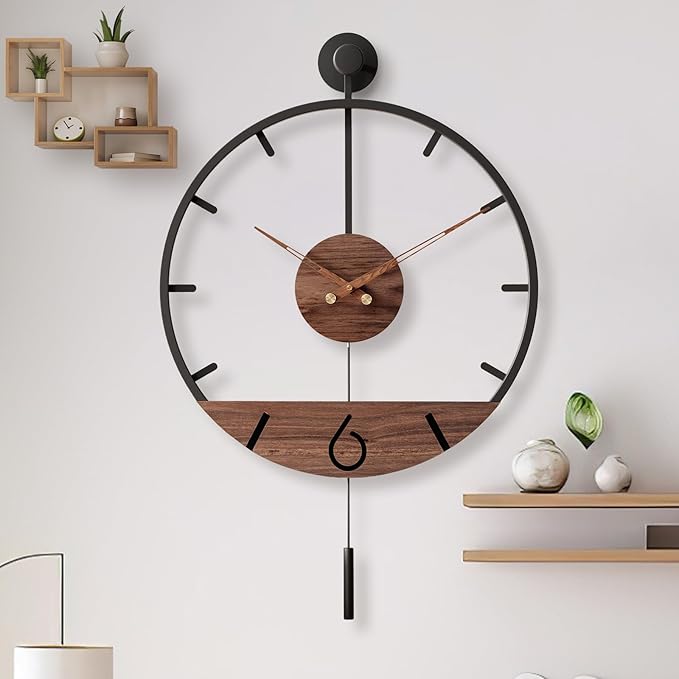 30.7×20 Inch Large Modern Decorative Pendulum Wall Clock,Big Metal Farmhouse Oversized Silent Wall Clocks Minimalist Elegant Walnut Dial Pointers for Living Room,Office,Dining Room Decor-CasaMuseHome