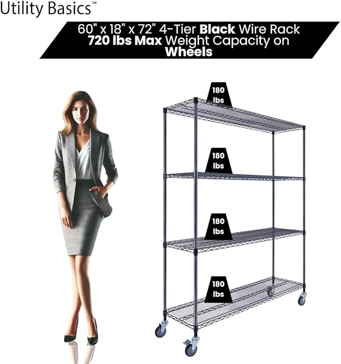 60"x18"x72" Black Premium Metal Steel Wire Shelving 4-Tier NSF 3200 LBS MAX Capacity Heavy Duty Storage Rack for Garages, Commercial Spaces, Hospitals, & Schools w/Premium Wheels-CasaMuseHome