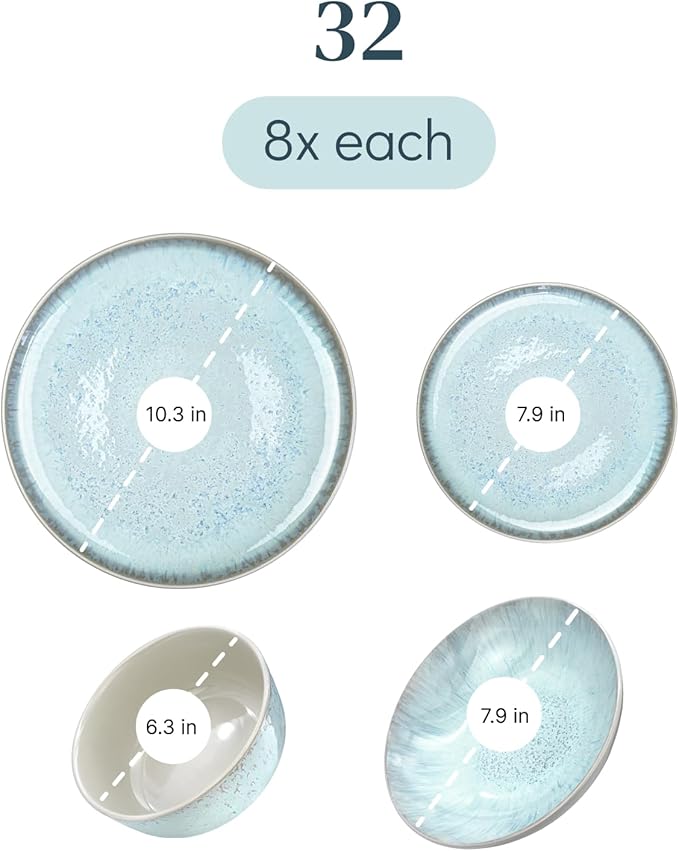 32 Piece Dinnerware Sets for 8 - Modern Style Stoneware Dinnerware Set - Scratch Resistant, Dishwasher Safe Plates and Bowls Sets Ceramic, Dish Set, Bowl and Plate Set - Beige and Blue…-CasaMuseHome