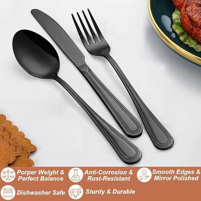 20 Pcs Black Silverware Set for 4 with Pearled Edge Handle design, Food Grade Stainless Steel Flatware Set, Eating Utensils Sets Include Fork/Knife/Spoon, Reusable Cutlery Set, Dishwasher Safe-CasaMuseHome