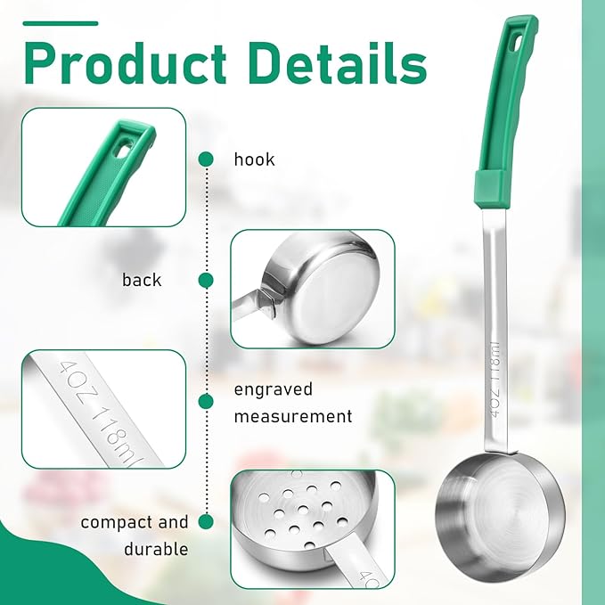 16 Pcs Portion Control Serving Spoons, Restaurant Measuring Serving Ladle Utensils, Portion Control Slotted Scoops for Weight Loss, Solid and Perforated Scoops(Green,4 oz)-CasaMuseHome