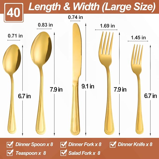 40 Pcs Gold Silverware Set for 8 with Pearled Edge Handle design, Food Grade Stainless Steel Flatware Set, Eating Utensils Sets Include Fork/Knife/Spoon, Reusable Cutlery Set, Dishwasher Safe-CasaMuseHome
