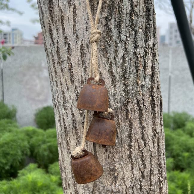 2pc Rustic Charm Bell - Handmade Hemp Rope Wind Chimes Hanging Decoration, Distressed Finish Cow Bell with Jute Hanging Rope, Perfect for Front Door, Outdoor, Window, and Home Decor,-CasaMuseHome
