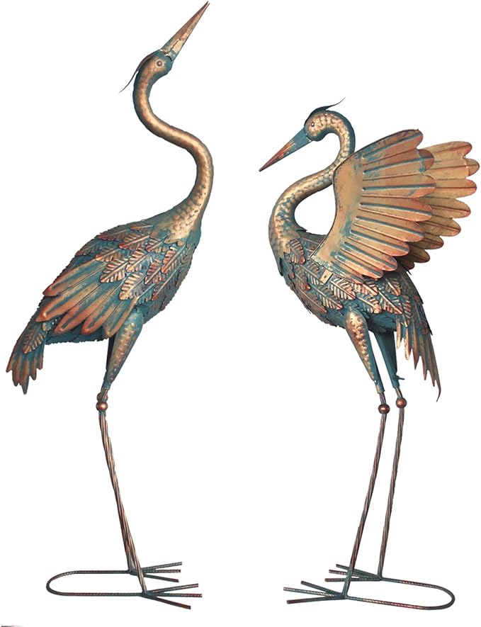 33-37 Inch Metal Crane Garden Statue Décor, Bird Heron Garden Sculpture & Statues, Outdoor Decoration for Yard Pond Lawn Backyard Pool, Vintage Spread Wings Crane, Set of 2 Copper…-CasaMuseHome