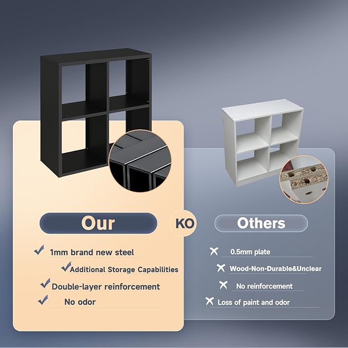 4 Cube Storage Organizer, Cubicle Open Back Decorative Book Shelf, 2-Tier Space Saving Storage Shelf Bookcase, Metal Display Shelf for Living Room,Office,Closet-CasaMuseHome