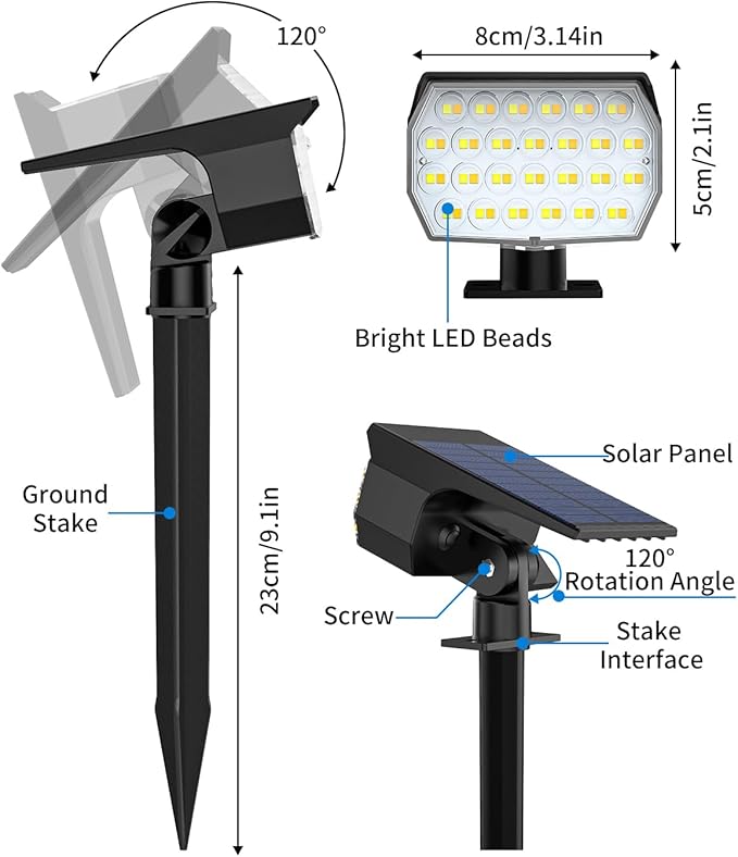 3 Colors Solar Lights Outdoor Waterproof IP65 Outdoor Spot Lights for Yard 52 LEDs 600LM Solar Powered Landscape Spotlights Solar Security Wall Lights for Garden Pathway Outside- 2 Pack-CasaMuseHome