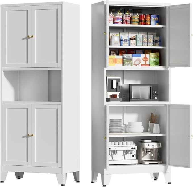 69" Tall Kitchen Pantry Cabinet, Metal Storage Cabinet with 4 Doors and Adjustbale Shelves, Freestanding Cupboards for Dining Room, Living Room, Bathroom-CasaMuseHome