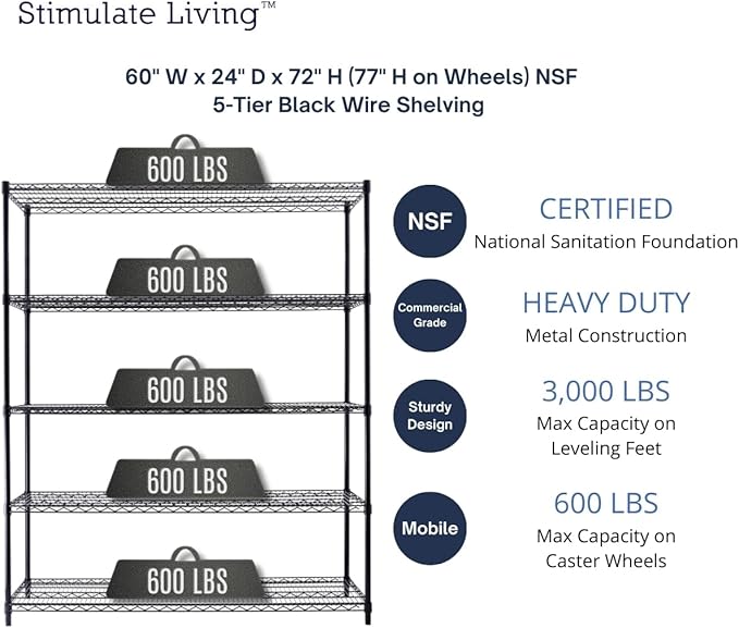 60"x24"x72" PRIME HEAVY DUTY Black 5-Tier Wire Shelving NSF 3000 LBS MAX Capacity Storage Rack for Commercial, School, Home, Garage, Warehouse, Industrial, and Hospital Uses (with Wheels)-CasaMuseHome