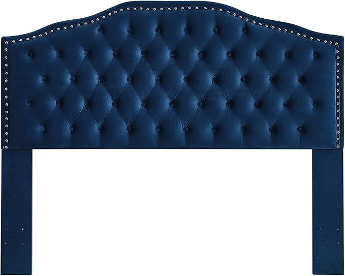 24KF Upholstered Button Tufted Queen Headboard with Nailhead Trim, Soft Velvet Fabric Headboard Queen/Full WM-6031-Q-NAVY-CasaMuseHome