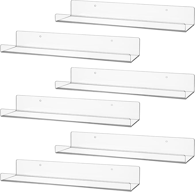 6 Pack Clear Acrylic Floating Shelves for Wall, 15'' Plastic Wall Mounted Display Shelf Kids Bookshelf and Spice Organizer for Bedroom, Living Room, Kitchen, Bathroom, Office-CasaMuseHome