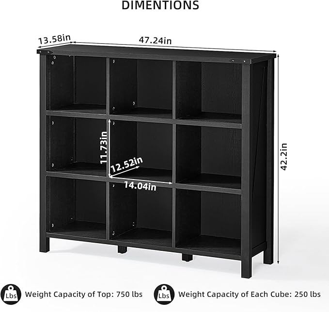 9 Cube Bookcase, Farmhouse 47 Inch Wide Black Bookshelf, Wooden 3 Tier Display Large Open Book Shelf, Vintage Horizontal Book Case for Home Office, Cubby Storage Cabinet for Living Room-CasaMuseHome