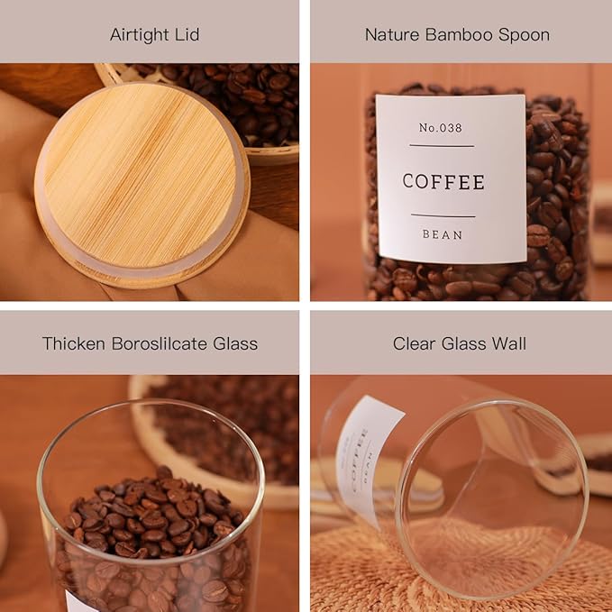 6-Pack Borosilicate Glass Storage Jars with Bamboo Lids + 132 Pre-Printed Pantry Labels Included, BPA-Free Thicken Airtight Containers for Flour, Sugar, Rice, Microwave & Freezer Safe(100OZ/54OZ/27OZ)-CasaMuseHome
