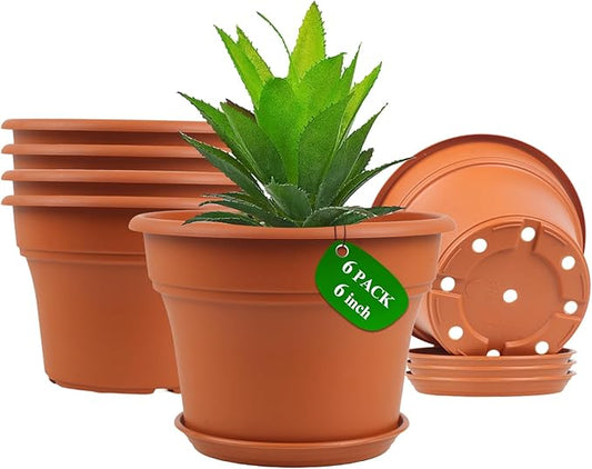 6 Inch Plastic-Flower Pot-for-Indoor Plants, 6 Pack Outdoor Plant Pots with Drainage Holes & Saucers, Resin Garden Pots Planters-CasaMuseHome