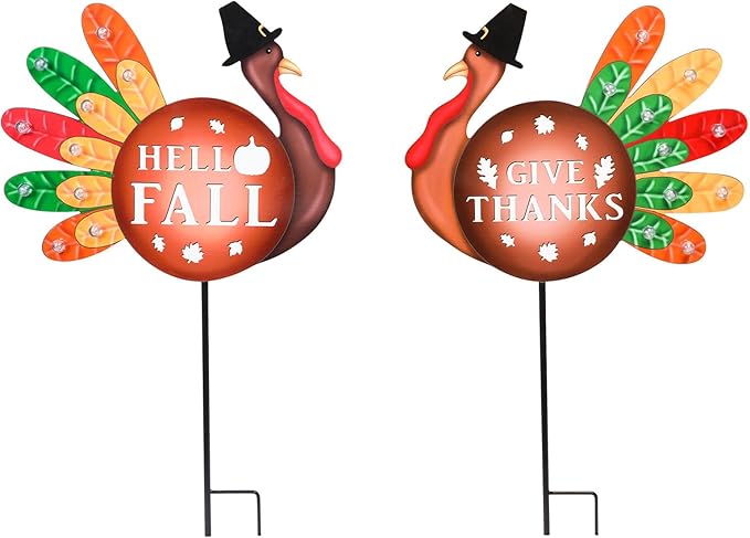 2 PCS Happy Fall Yard Signs Metal Thanksgiving Decorative Garden Stakes with Led Light Turkey Give Thanks Yard Stakes Fall Harvest Lawn Garden Lawn Pathway Decor-CasaMuseHome