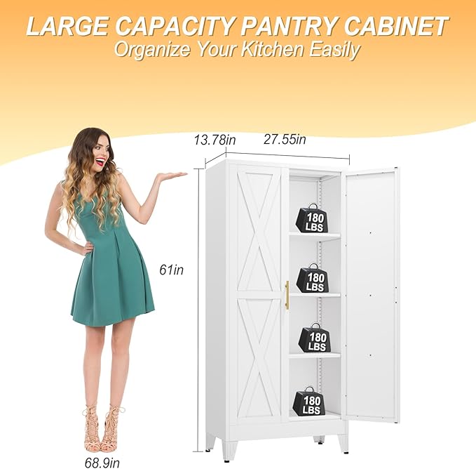 61" H Metal Kitchen Pantry Storage Cabinet, Freestanding Cupboard with 2 Doors and 3 Adjustable Shelves, Standing Storage for Kitchen, Bathroom, Garage, Dinning Room or Utility Room（White）-CasaMuseHome