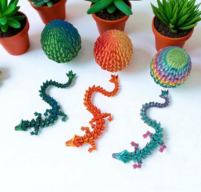 3PCS 3D Printed 12” Articulated Crystal Dragon Inside 5.1” Egg – Fantasy Collectible, Fidget Toy & Stocking Easter Basket Stuffers for Home & Office Decor (3pcs - Rainbow)-CasaMuseHome