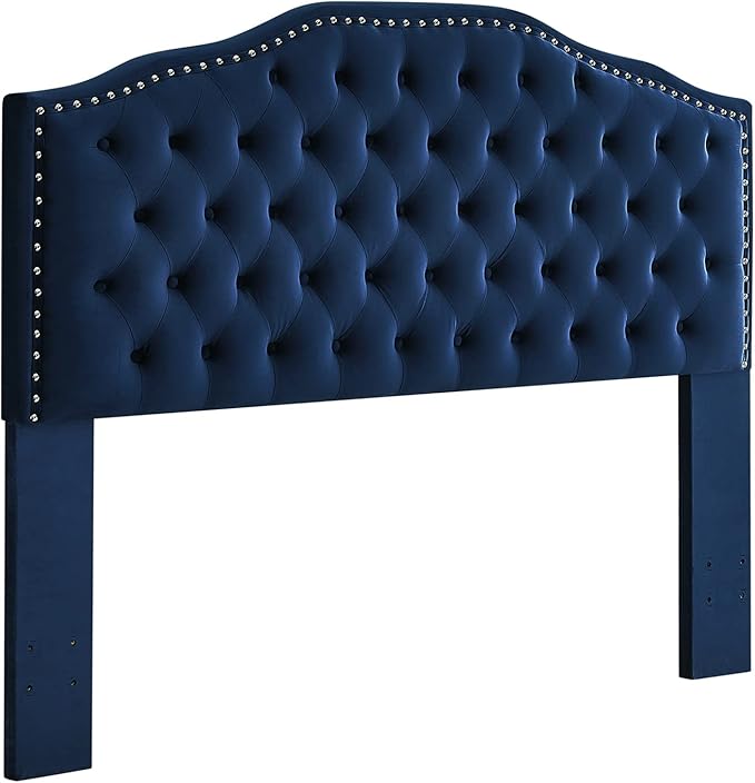 24KF Upholstered Button Tufted Queen Headboard with Nailhead Trim, Soft Velvet Fabric Headboard Queen/Full WM-6031-Q-NAVY-CasaMuseHome