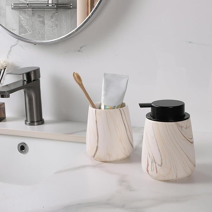 2Pcs Toothbrush Holder for Bathroom - Marble Brown Ceramic Tooth Brushing Holders Set, Toothbrush Cup & Toothpaste Organizer for Bathroom Countertop, Makeup Brush Holder, Pen Holder for Home Storage-CasaMuseHome