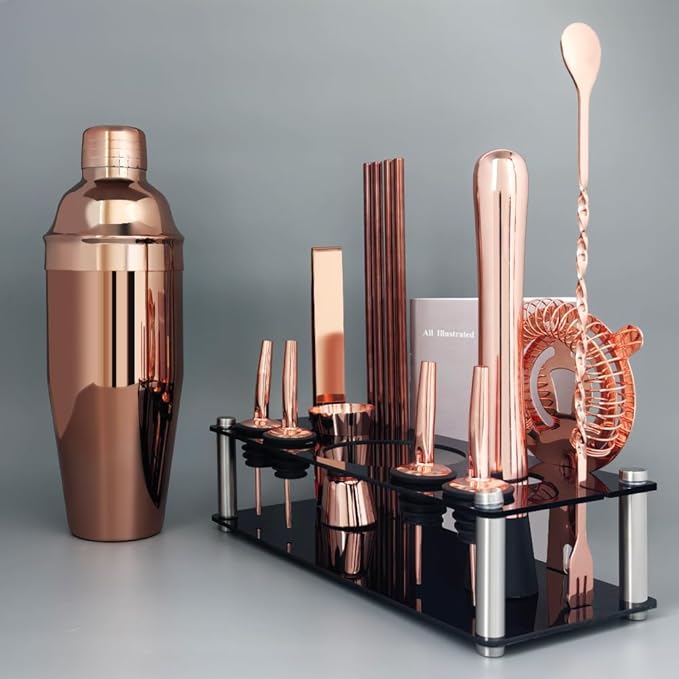 14-Piece Cocktail Shaker Set Bartender Kit with Black Stand, Bar Tool Set for Drink Mixing Bartending Kit Bar Sets Accessories: 750ml(25oz) Shaker, Jigger, Muddler, Cocktail Recipes (Rose Gold)-CasaMuseHome